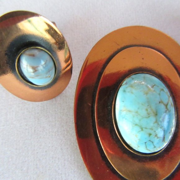Vintage copper & turquoise brooch/pendant & cufflink set - unisex -MCM to Modern - Picture 7 of 9